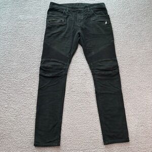 BALMAIN Paris Mens Black Moto Biker Jeans 33 Distressed Designer Slim Fit Ribbed
